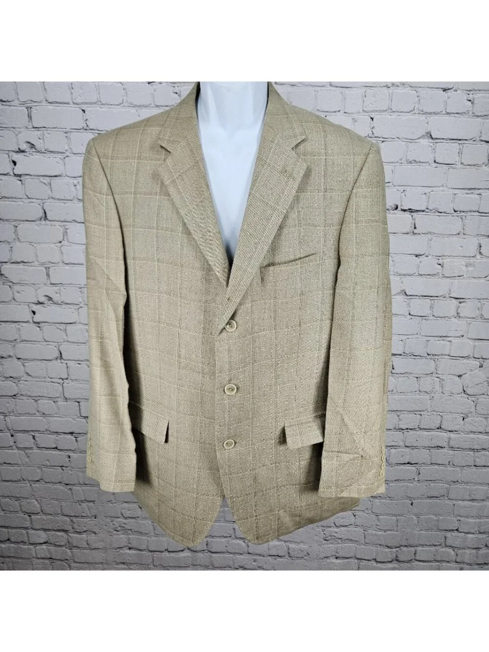 Stafford Beige Silk Wool Executive 3 Button Ventless Notch Blazer Sport Coat 42R